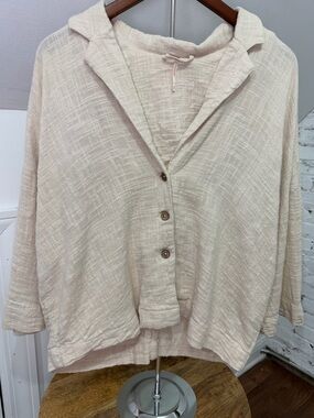 Free People Cream Woven Button Down Top Oversized Fit with Flare Sleeves Size XS